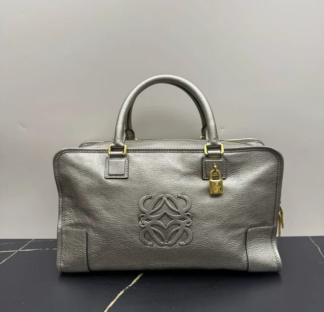 Loewe Metallic Silver Grained Leather Amazona Bag in Silver Caviar leather from Luxury Promise