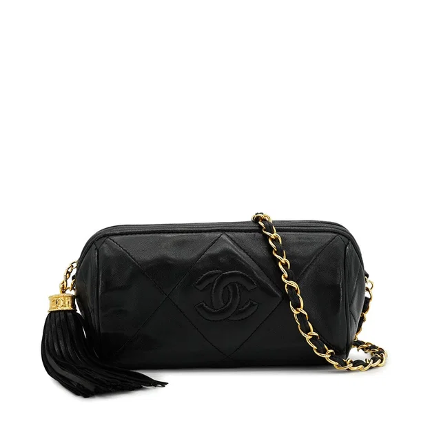 Chanel Vintage Matelasse Fringe Chain Shuolder Bag Black Lamb Skin Gold Hardware in Black from Luxury Promise