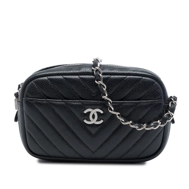 Black Chanel CC Chevron Caviar Camera Bag in Black Caviar leather from Designer Revival