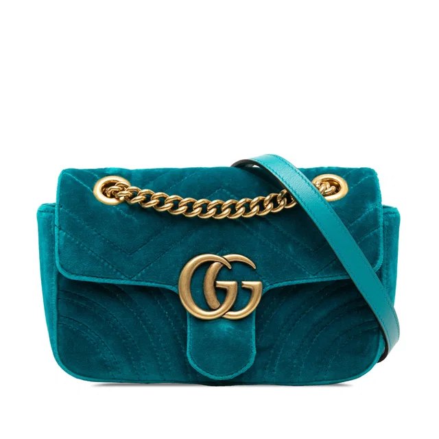 Blue Gucci Small GG Marmont Matelasse Velvet Shoulder Bag in Blue Velvet from Designer Revival