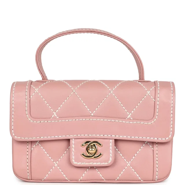 Chanel Vintage Mini Wild Stitch Surpique Top Handle Flap Bag Pink Calfskin Gold Hardware in Pink Calfskin from Madison Avenue Couture