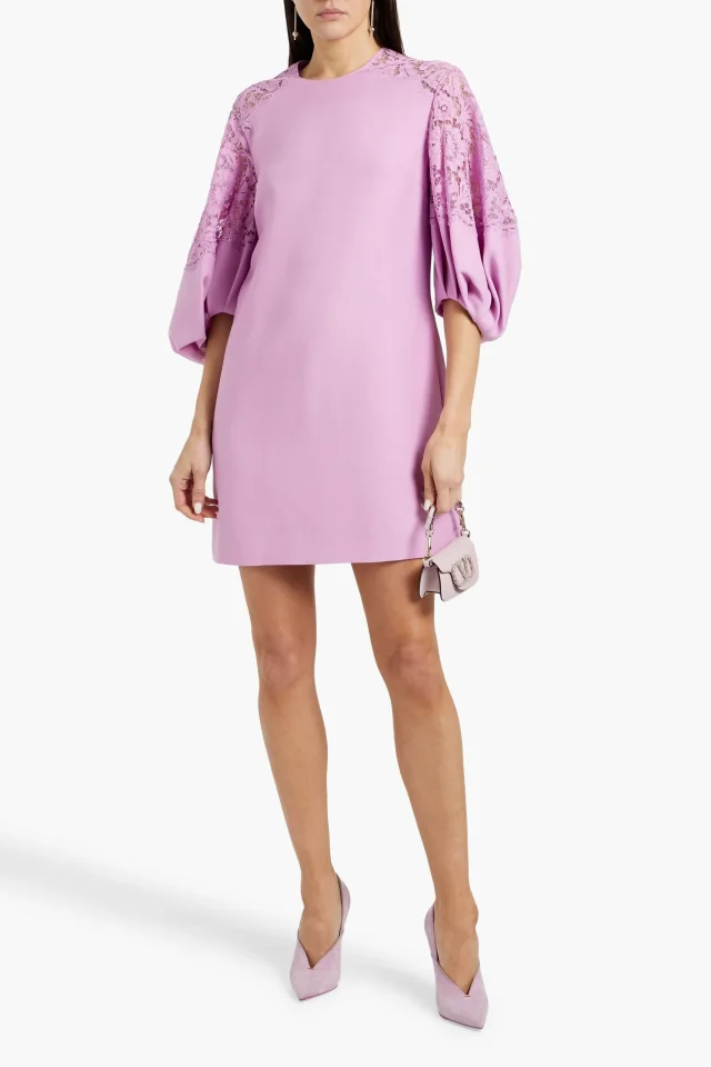 Valentino Garavani Lace-Paneled Wool and Silk-Blend Crepe Mini Dress in Purple, photo 2 of 4 from THE OUTNET