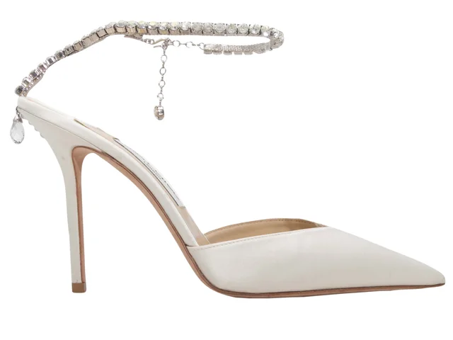 White Jimmy Choo Satin Pointed-Toe Crystal-Embellished Heels Size 41.5 in White Satin from Designer Revival