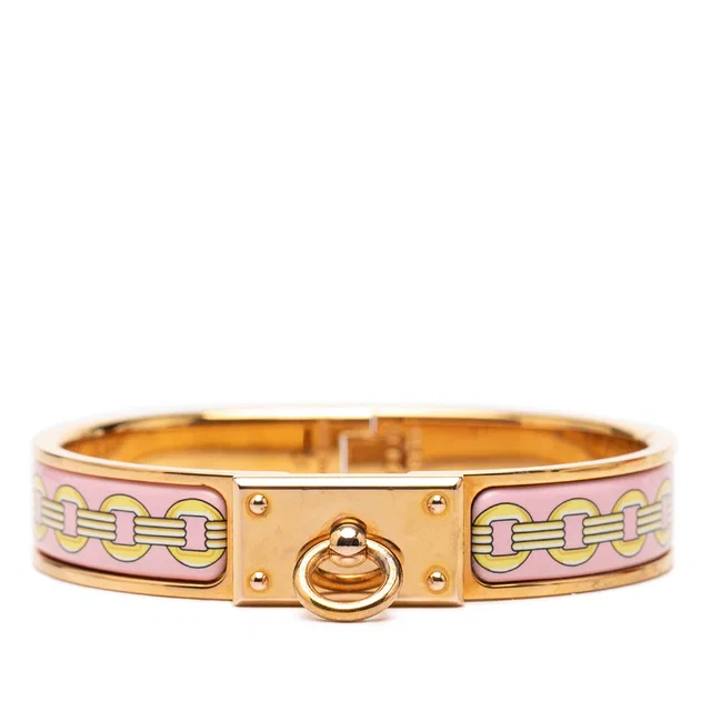 Pink Hermès Narrow Printed Enamel Clic Anneau Bracelet PM in Pink from Designer Revival