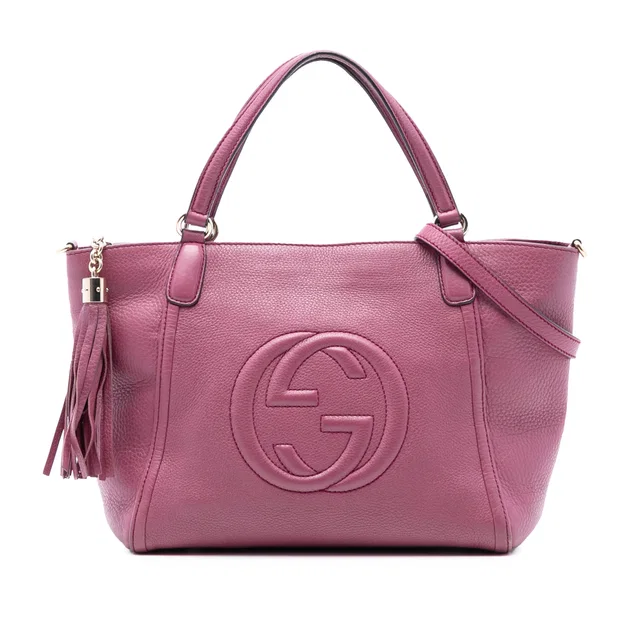 Purple Gucci Small Pebbled Leather Soho Cellarius Satchel in Purple Leather from Designer Revival