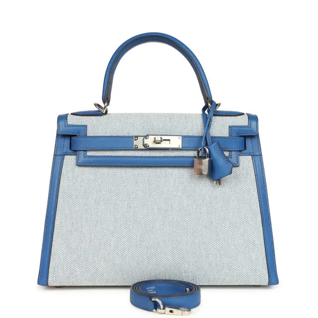 Hermès Kelly Sellier 28 Bleu France Swift and Ecru-Bleu Bill Toile H Canvas Palladium Hardware in Blue Swift leather from Madison Avenue Couture