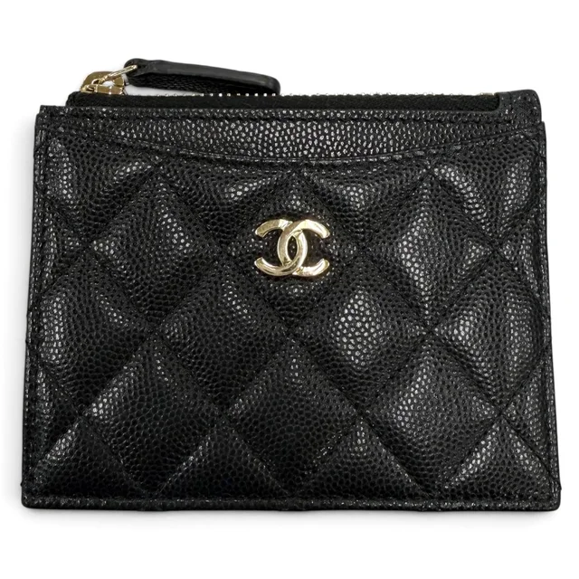 Chanel CC Logo Caviar Leather Card Case Coin Purse Black Gold in Black Caviar leather from The Reluxe