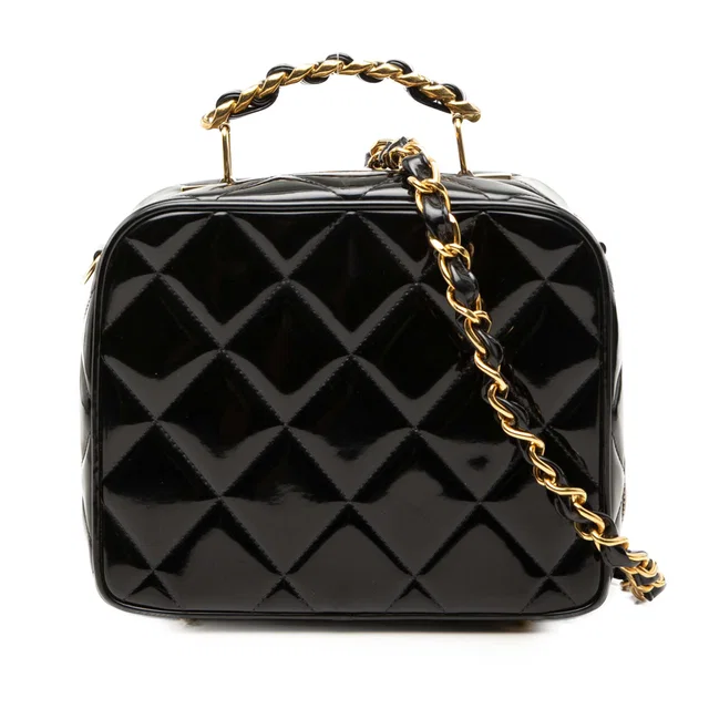 Black Chanel Quilted Patent Vanity Case Satchel in Black Patent leather from Designer Revival