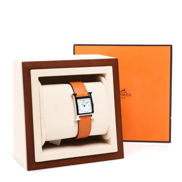 Hermès Stainless Steel Swift 21mm Heure H Hour Quartz Watch Orange in Orange Swift leather from FASHIONPHILE, photo 5 of 5