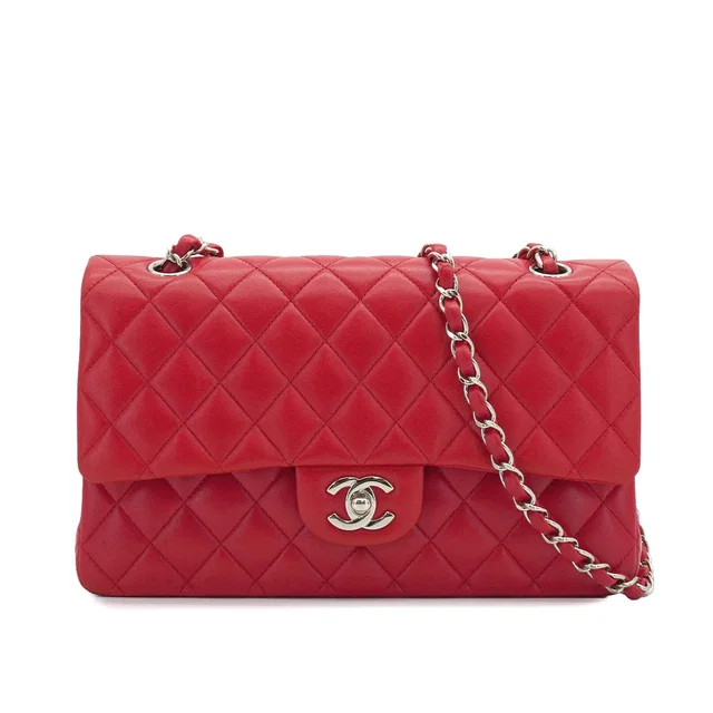 Chanel Classic Flap Medium Chain Shoulder Bag Pink Lamb Skin Silver Hardware in Pink Leather from Luxury Promise