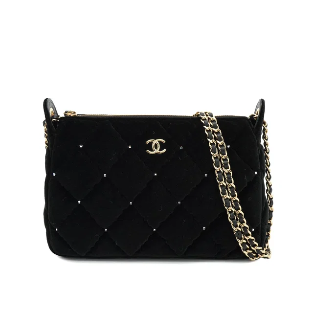 Chanel Matelasse Rhinestone Chain Shoulder Bag Black Velor in Black Leather from Luxury Promise