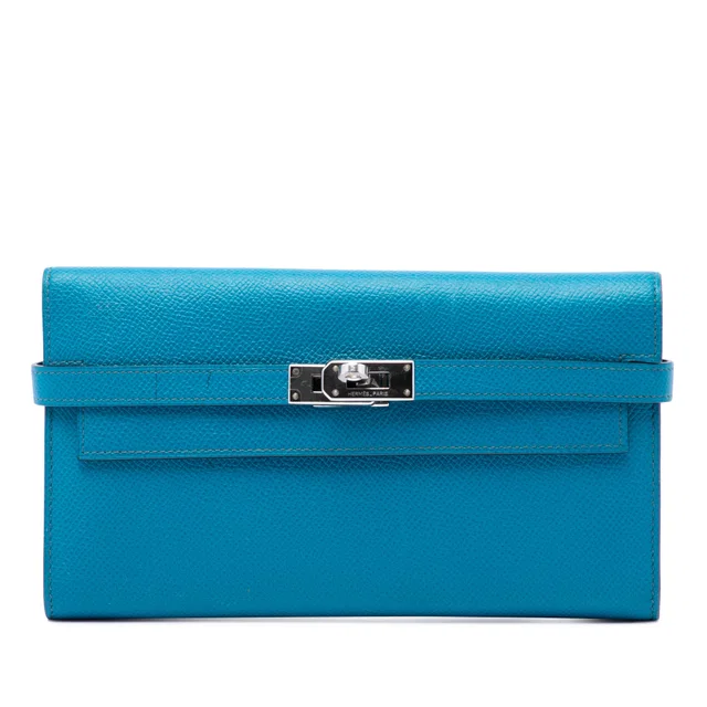 Blue Hermès Epsom Kelly Trifold Long Wallet in Blue Epsom leather from Designer Revival