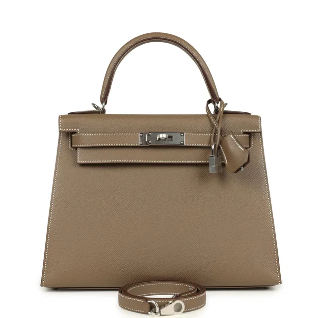 Hermès Kelly Sellier 28 Etoupe Epsom Palladium Hardware in Taupe Epsom leather from Madison Avenue Couture