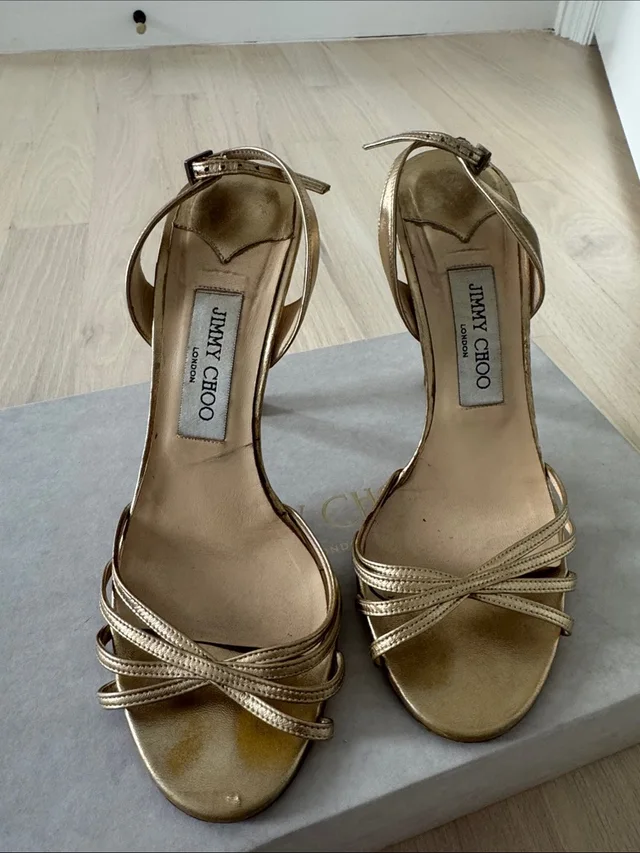 Jimmy Choo Metallic Gold Strappy Ankletie Sandals in gold from Poshmark