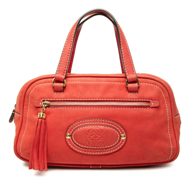 Red LOEWE Nubuck Anagram Madrid Fringe Handbag in Red Suede from Designer Revival