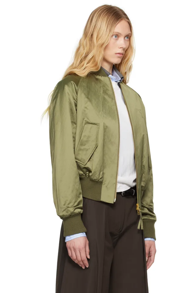 AMI Paris Green Cotton Satin Ami de Coeur Bomber Jacket, photo 2 of 4 from SSENSE