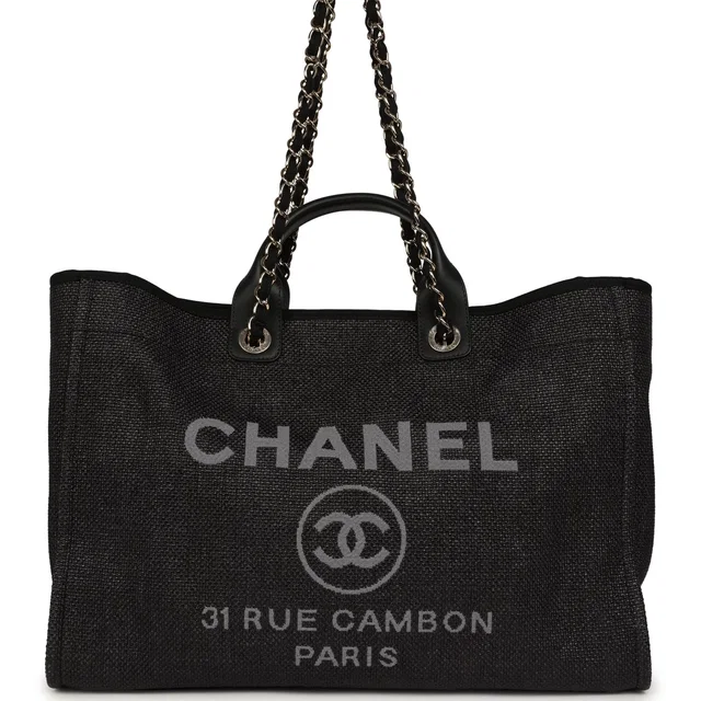 Chanel Large Deauville Shopping Tote Black, Grey Raffia, Black Canvas Light Gold Hardware in Black Canvas from Madison Avenue Couture