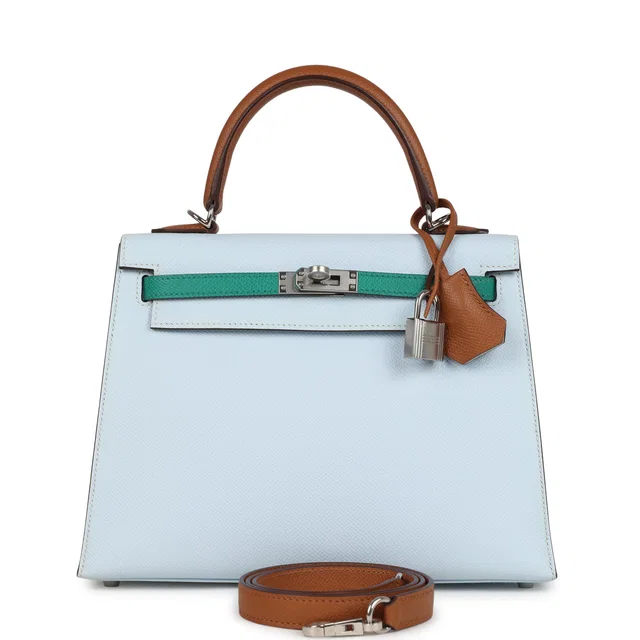 Hermès Kelly Sellier 25 Tri-Color Bleu Brume, Gold and Vert Jade Epsom Palladium Hardware in Blue Epsom leather from Madison Avenue Couture