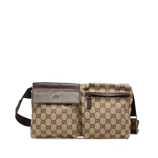 Beige Gucci GG Canvas Double Pocket Belt Bag in Beige Canvas from Designer Revival
