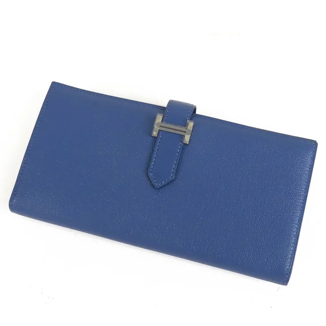 Hermès Bearn Soufflet Blue Brighton Silver Chevre Wallet in Blue Goatskin from The Reluxe