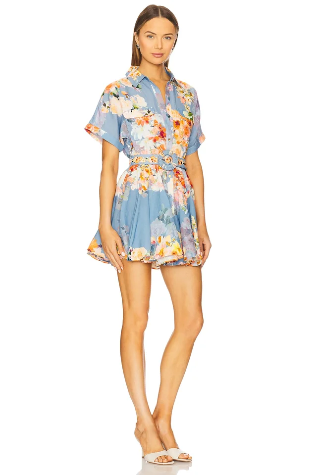 HEMANT AND NANDITA Short Dress With Buckle Belt in Blue Floral, photo 2 of 3 from REVOLVE (Canada)