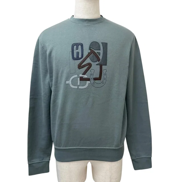 Hermès Puzzle Lambskin Patch 100% Cotton Crew Neck Sweatshirt Shirt Green in Green Lambskin from The Reluxe