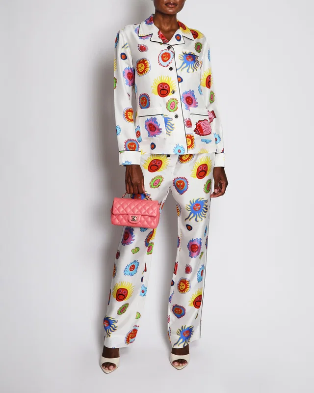 Louis Vuitton x Yayoi Kusama “Faces” White Silk Pajama Set with Multi-Colour Sun Prints Size FR 38 (UK 10) in White Silk from Sellier