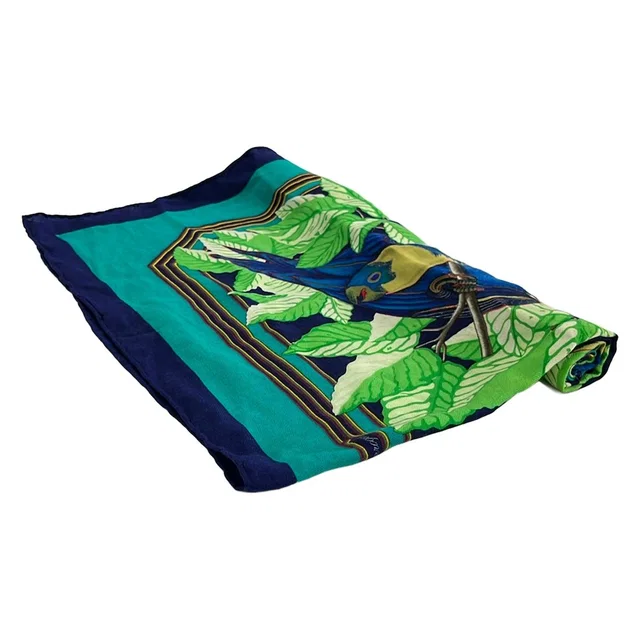 Hermès Shawl Carre 90 Navy Green les Perroquets Bird Leaf Pattern Cashmere Silk in Navy Silk from The Reluxe