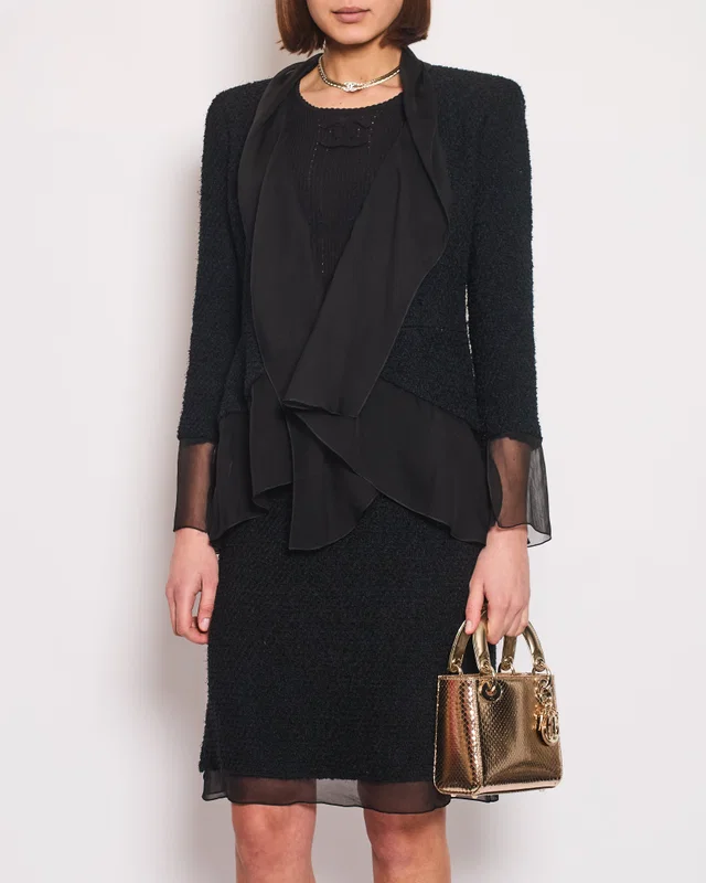 Chanel Black Tweed Jacket and Skirt Set with Silk Trim Details Size FR 36 (UK 8) in Black Tweed from Sellier