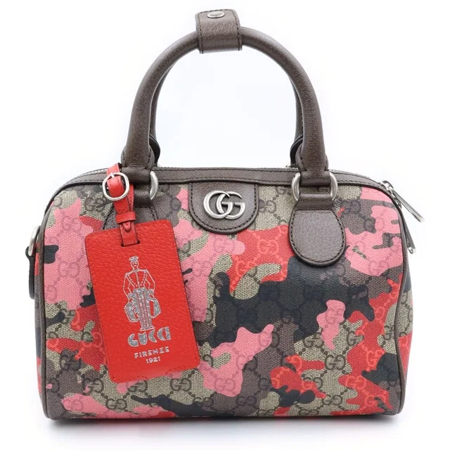 Gucci GG Camouflage Leather Silver 2-Way Shoulder Bag Mini Pink Beige in Beige Leather from The Reluxe