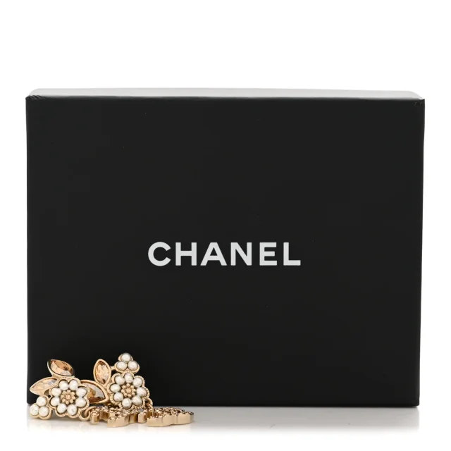 Chanel Pearl Crystal Drop CC Earrings Gold White in White Resin from FASHIONPHILE, photo 5 of 5