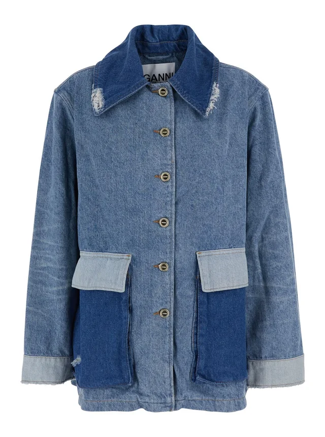 GANNI Blue Jacket with classic collar with fringed details and patchwork design in denim for women in Blue, photo 2 of 6 from Gaudenzi Boutique