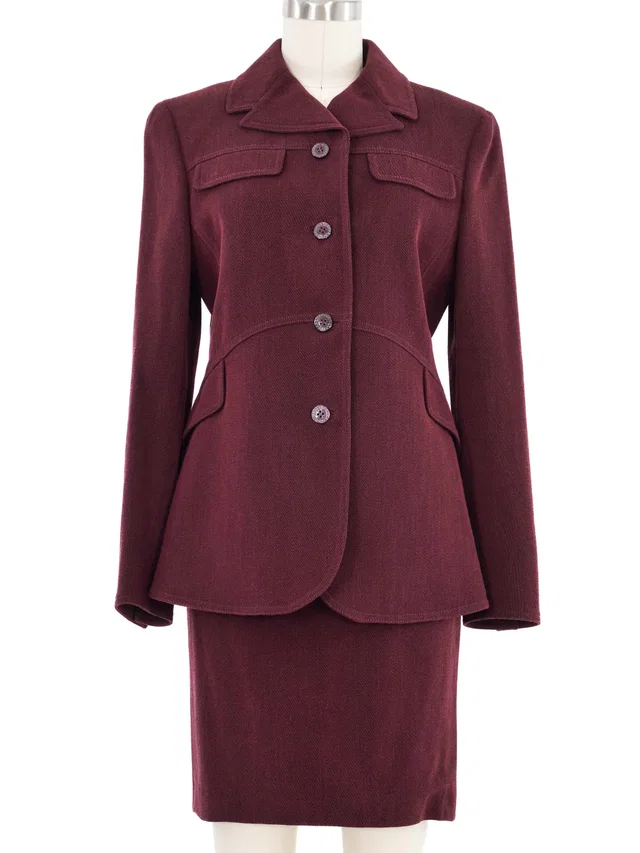 1997 Gianni Versace Wine Wool Skirt Suit in Burgundy Wool from Arcade Vintage