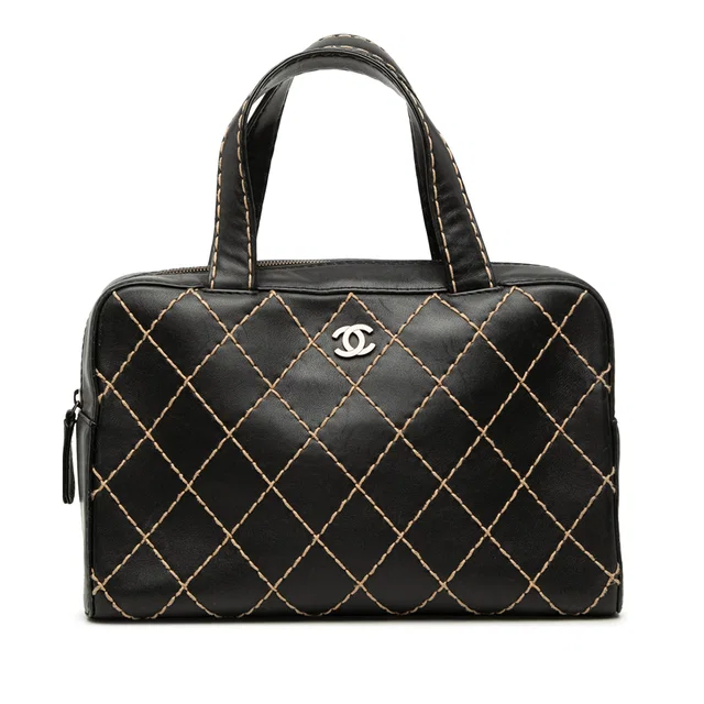 Black Chanel CC Lambskin Wild Stitch Handbag in Black Lambskin from Designer Revival