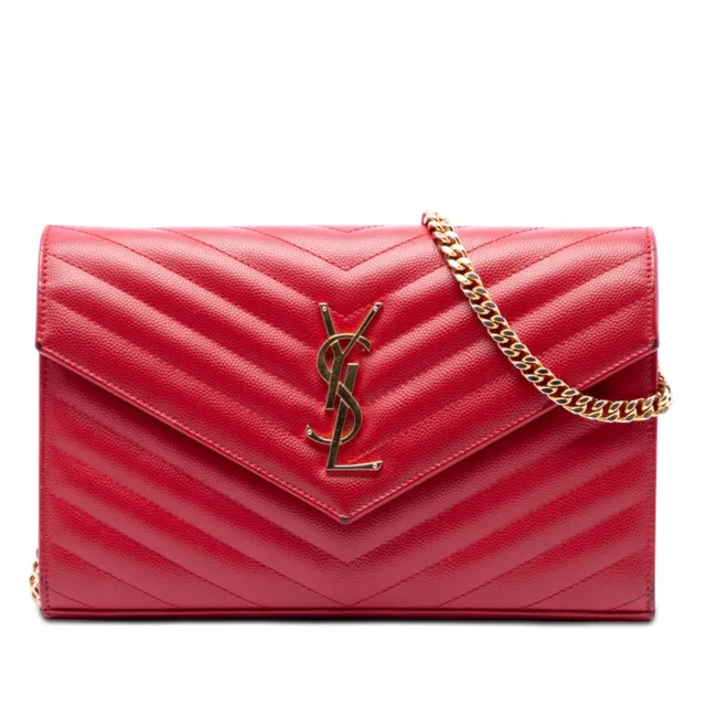 Red Saint Laurent Grain De Poudre Cassandre Envelope Chain Wallet Crossbody Bag in Red Leather from Designer Revival