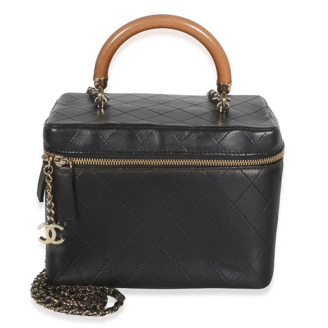 Chanel Black Flat Quilted Lambskin Knock On Wood Large Vanity Case in Black Lambskin from myGemma
