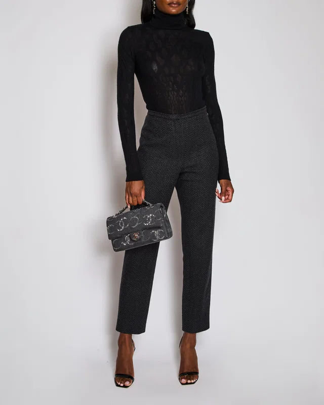 Chanel Charcoal Herringbone Straight Leg Trousers Size FR 44 (UK 16) in Cashmere from Sellier