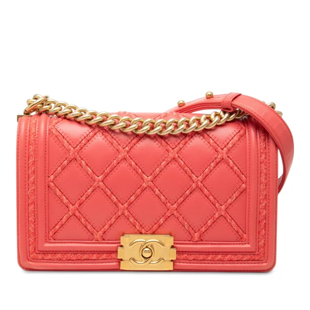 Pink Chanel Old Medium Stitched Lambskin and Tweed Boy Flap Crossbody Bag in Pink Lambskin from Designer Revival, photo 1 of 1