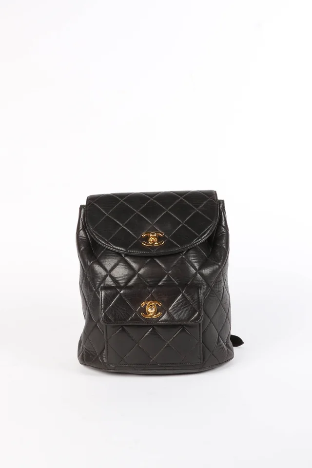 90s Chanel Espresso Black Lambskin Leather Duma Backpack in Black Lambskin from Break Archive
