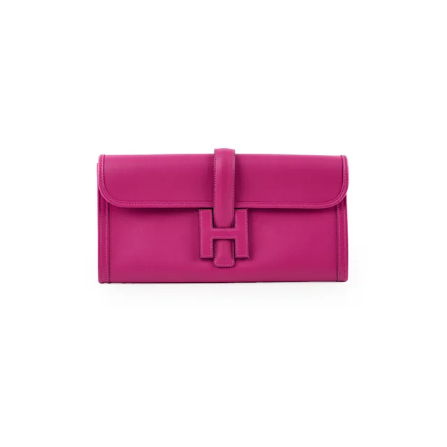 Hermès Jige Clutch Rose Poupre A Stamp in Pink Swift leather from The Purse Affair