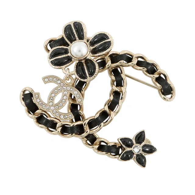 Chanel CC Logo Brooch BlackAB9679 Gold Plated Leather Rhinestone Faux Pearl in Gold Leather from GALLERY RARE