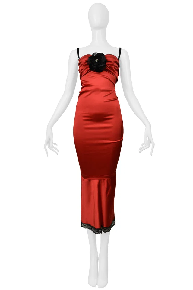 Dolce & Gabbana Red Satin Dress With Black Lace Camellia Flower And Trim in Black Satin from Resurrection Vintage
