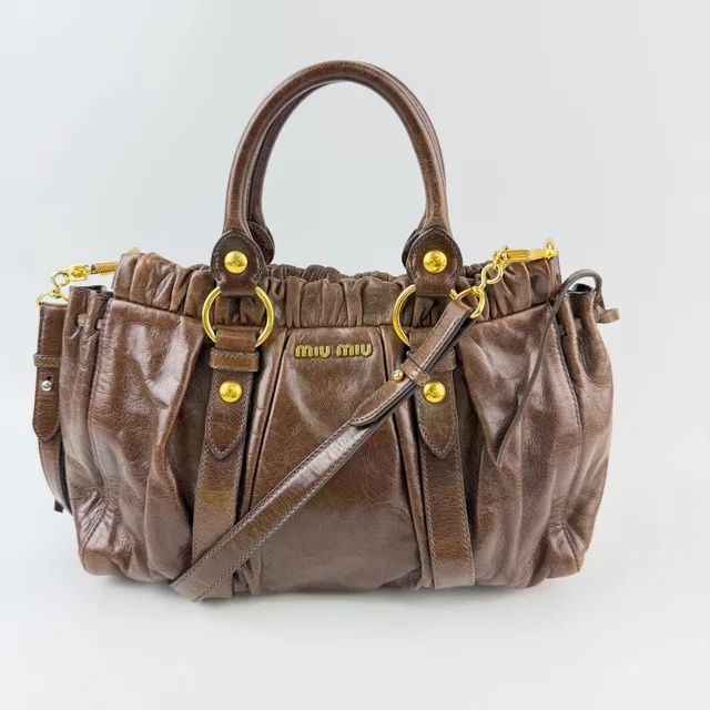 Miu Miu Vitterolux Gathered 2-Way Shoulder Bag Leather Brown Gold Vintage in Brown Leather from The Reluxe
