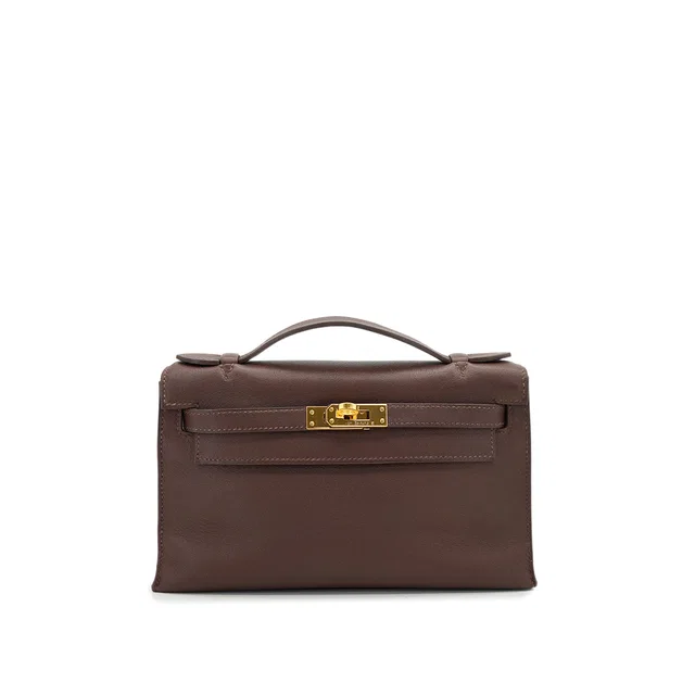 Hermès Kelly Pochette Sellier Havane Evergrain Hand Bag 2008 Square L Gold Hardware from Luxury Promise