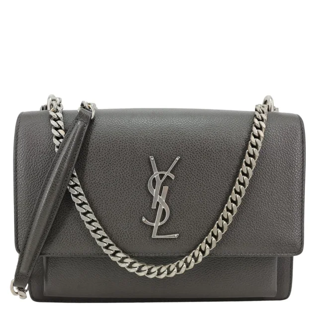 Saint Laurent Sunset Medium Grain De Poudre Leather Shoulder Bag Gray in Grey Leather from Dallas Designer Handbags