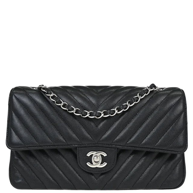 Chanel 2016-2017 Black Caviar Skin Chevron Medium Classic Double Flap Shoulder Bag in Black Caviar leather from AMORE Vintage Tokyo