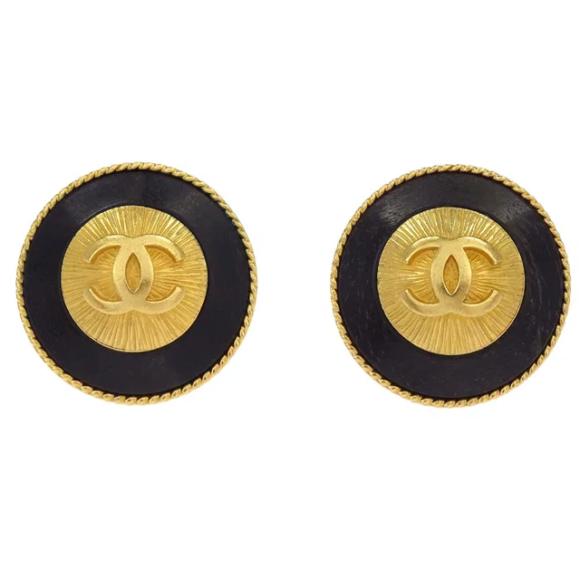 Chanel Button Clip-On Earrings Gold Black 93A in Black from AMORE Vintage Tokyo