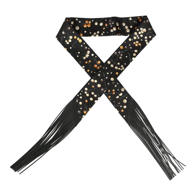 Hermès "Red Berries" Black, Beige Dore, Orange Fringe Silk Twilly in Black Silk from Madison Avenue Couture
