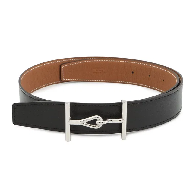 Hermès Belt Jumbo Black Gold Silver Box Calf Togo 80 in Black Togo leather from The Reluxe