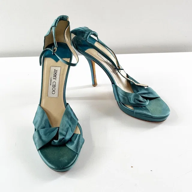 Jimmy Choo Marion Satin Knotted Ankle Strap Platform Stiletto Sandals Green 38 in green Satin from Poshmark, photo 1 of 1